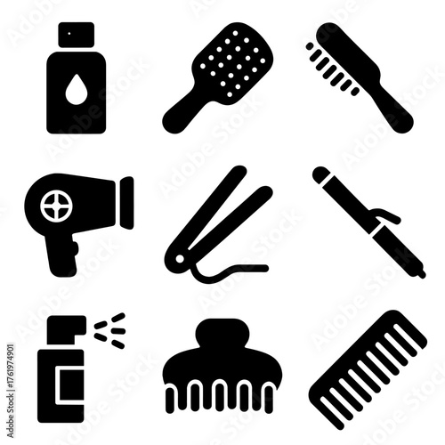 Set of black hair styling icons on gray background for beauty and salon use