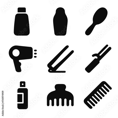 Silhouette icons of haircare tools on gradient background