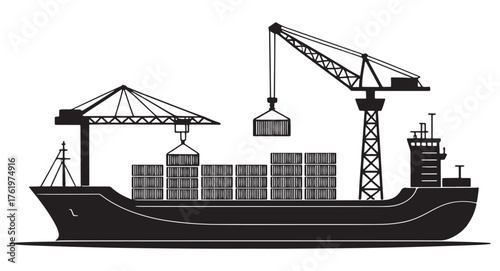 Cargo ship with cranes loading containers, black and white vector illustration.