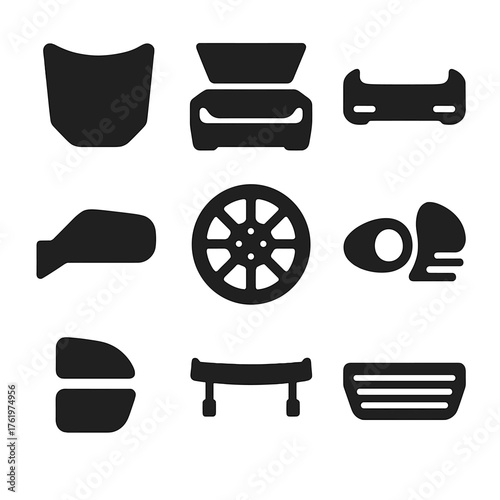 Car parts silhouette icons in minimalist grid layout on gradient background