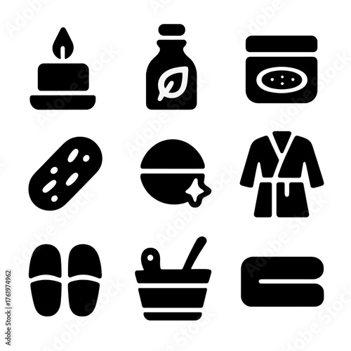 Spa and wellness icons set featuring candle, lotion, and relaxation elements