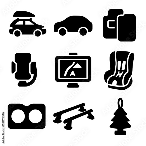 Black car icons: travel, navigation, accessories, and safety symbols