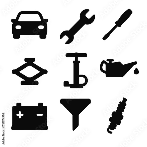 Automotive tools icons set on dark background for maintenance and repair themes