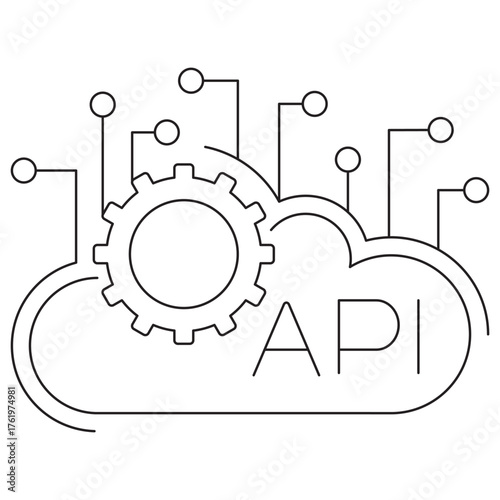 Cloud API and Process Automation Icon. A vector pictogram with thin black lines on a transparent background. The line thickness is editable. Gear on a cloud with the text 'API'. Managed service access
