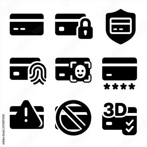 Secure payment icons: credit cards, biometrics, security, and protection symbols