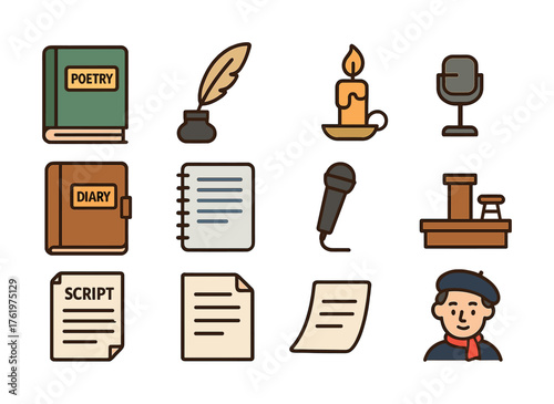 Collection of writing tools and poet symbols featuring books and microphones