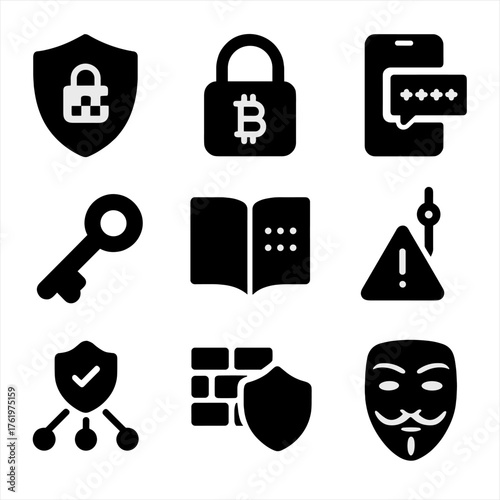 Cybersecurity icons including lock, bitcoin, and anonymous mask on dark background