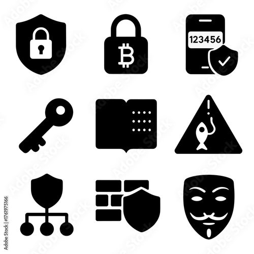Cybersecurity icons: lock, blockchain, authentication, key, firewall, anonymity