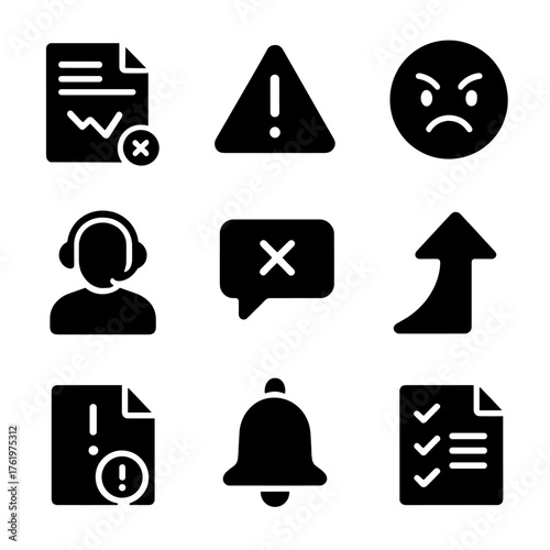 Black alert icons set on blurred background - error, notification, emoji symbols