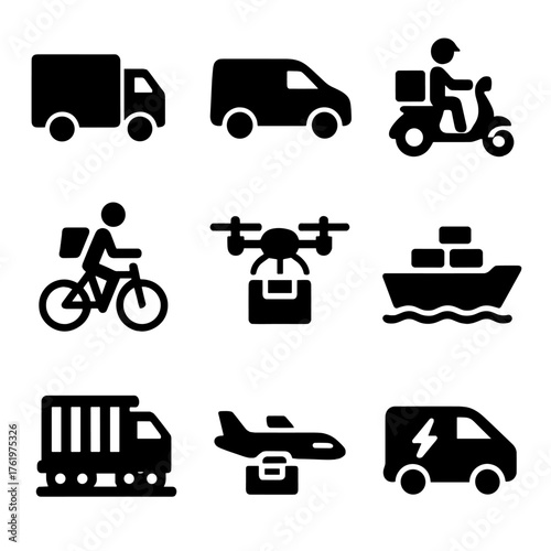 Transportation icons: delivery, drone, electric vehicles, and shipping symbols