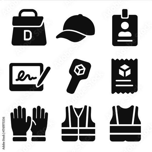 Silhouette icons of safety gear and digital tools