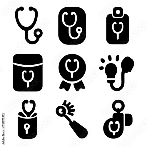 Medical icons set featuring stethoscopes and healthcare symbols in black