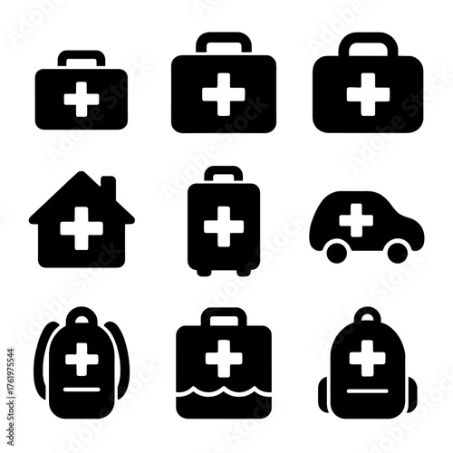 Black emergency kit icons for diverse situations on blurred background