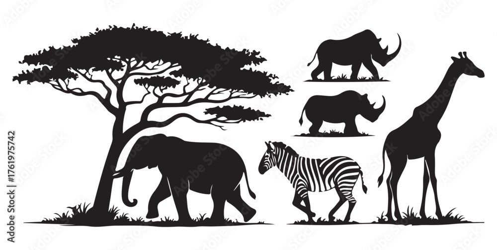 Fototapeta premium Detailed silhouettes of African safari animals including elephant, zebra, giraffe, and rhinoceros with a savanna tree.