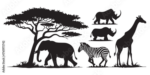 Detailed silhouettes of African safari animals including elephant, zebra, giraffe, and rhinoceros with a savanna tree.