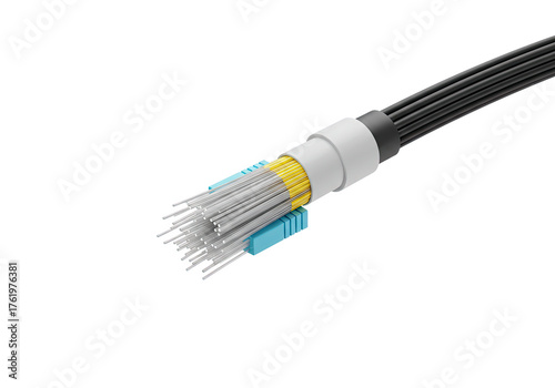 A detailed cross-section of a high-speed fiber optic cable with multiple strands, presented as a 3D CGI rendering on an isolated white background