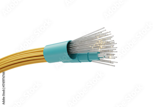 Detailed CGI render of a fiber optic cable cross-section, revealing multiple illuminated strands representing high-speed data transfer and advanced digital communication networks