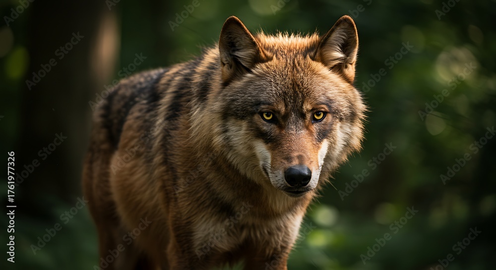 Obraz premium Majestic European Wolf with Intense Gaze in a Lush Forest Setting.