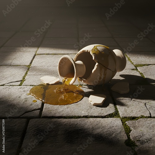 A broken alabaster vessel lies on its side on a cracked stone floor