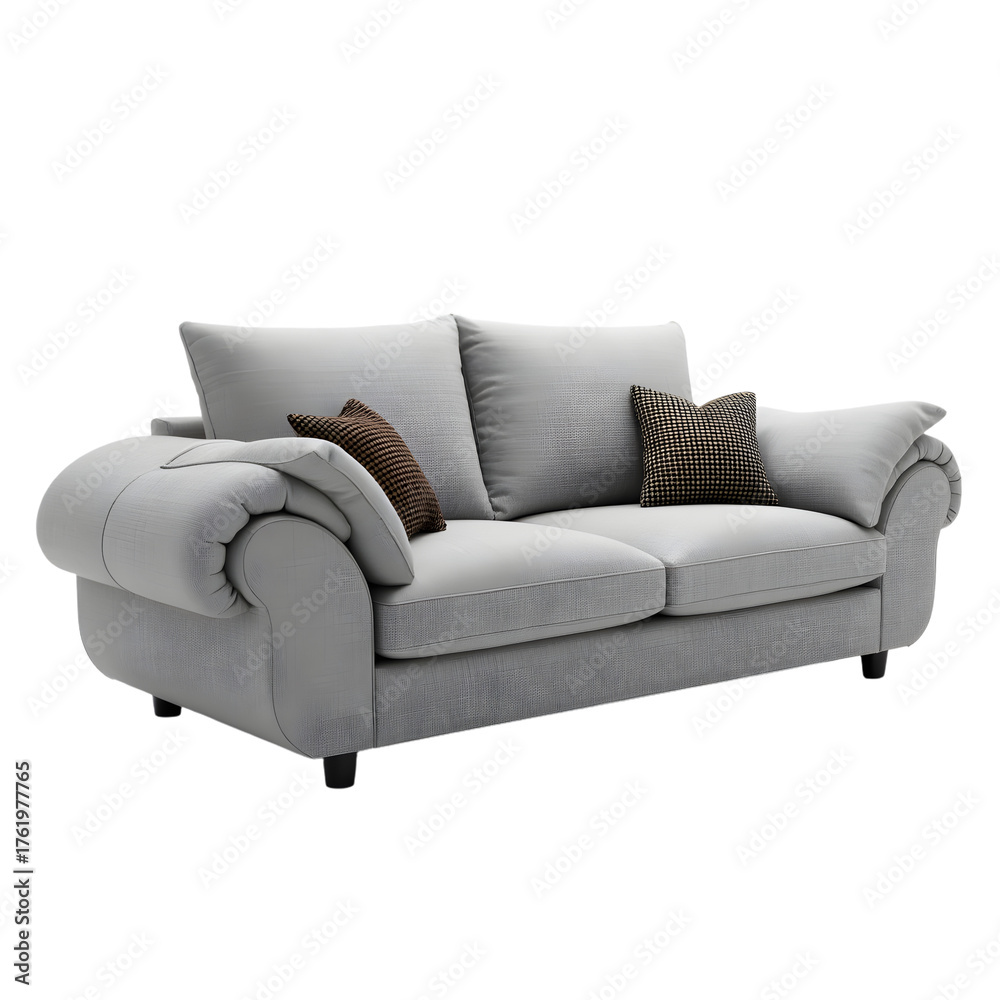 Fototapeta premium Comfortable grey fabric sofa with transparent background