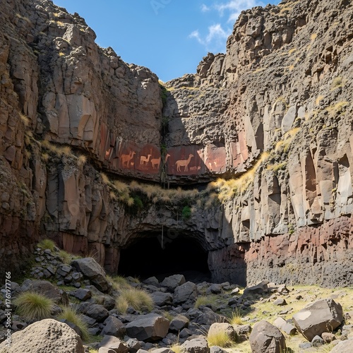 Mysterious Cave Entrance in a Rocky Canyon Landscape.