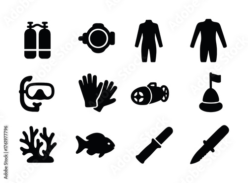 Diving equipment icons set featuring wetsuit, mask, gloves, and knife illustrations