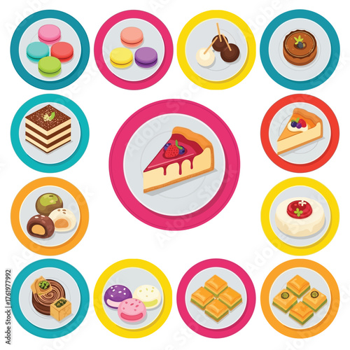 A colorful collection of international dessert icons, featuring cheesecake, macarons, and mochi.