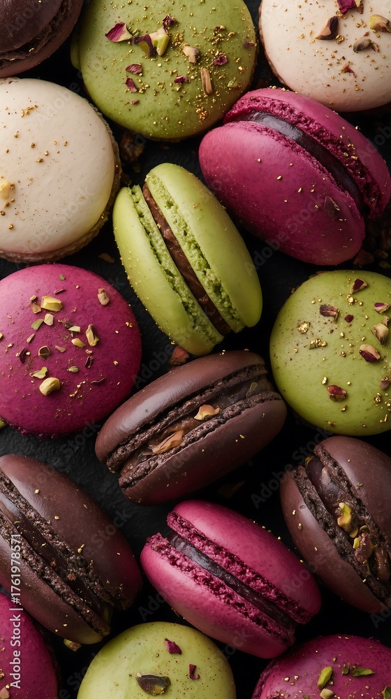 Obraz premium Colorful Macarons with Golden Sprinkles - Luxury Dessert Wallpaper for Smartphones. Perfect for food packaging, and luxury dessert branding.