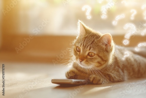 Adorable feline grips smartphone in a morning room. Anthropomorphic cat. Navigating the fog of modern life filled with unclear thoughts and hesitations. Indecisive behavior signs.