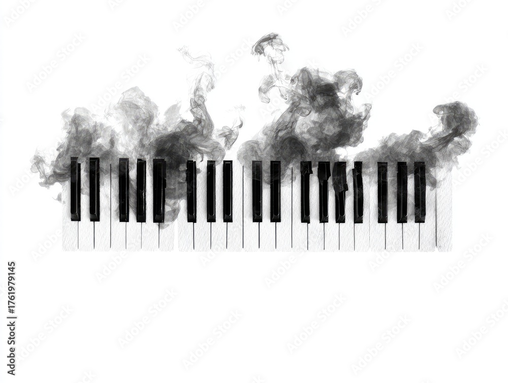 Fototapeta premium Black and white piano keys with billowing smoke rising from them, isolated on white