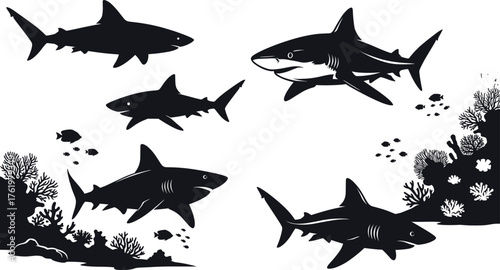 Shark silhouette vector set with coral reef and fish underwater scene, ocean predator illustration for marine wildlife and sea life design