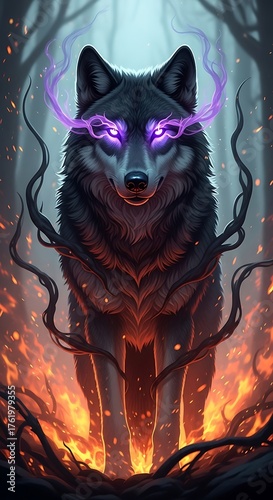 Mystical Wolf with Glowing Eyes in a Fiery Forest Setting.