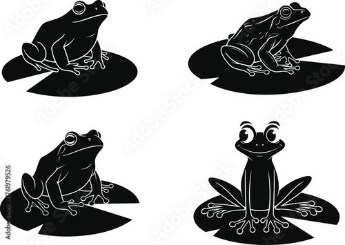 Frog silhouette vector set sitting on lily pads, amphibian illustration collection for pond wildlife, nature, and animal design artwork