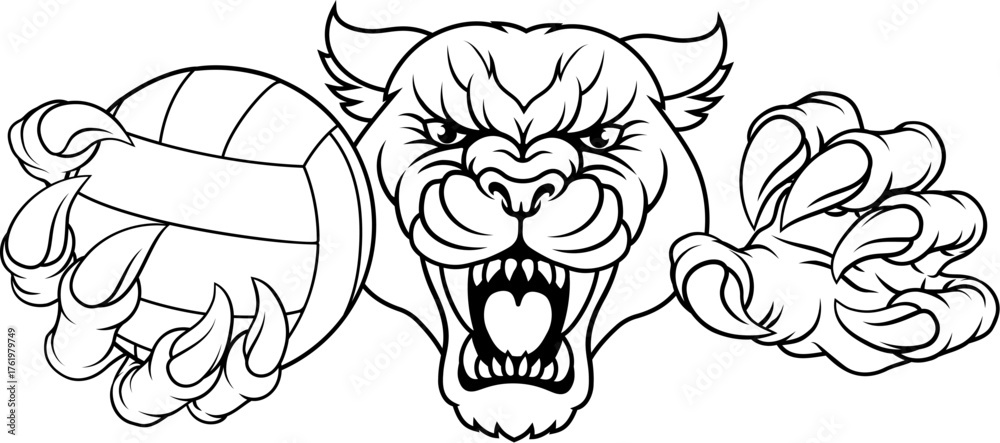 Obraz premium A panther, leopard or cougar wildcat cat jaguar volleyball sports mascot holding a ball