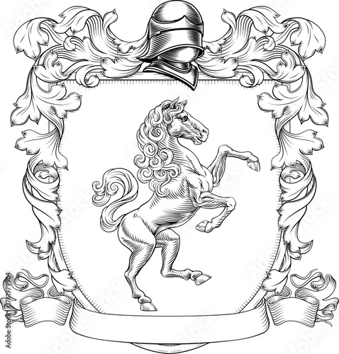A horse coat of arms or crest family heraldry medieval heraldic knight shield with helmet and acanthus filigree scroll ornament in a vintage woodcut style.