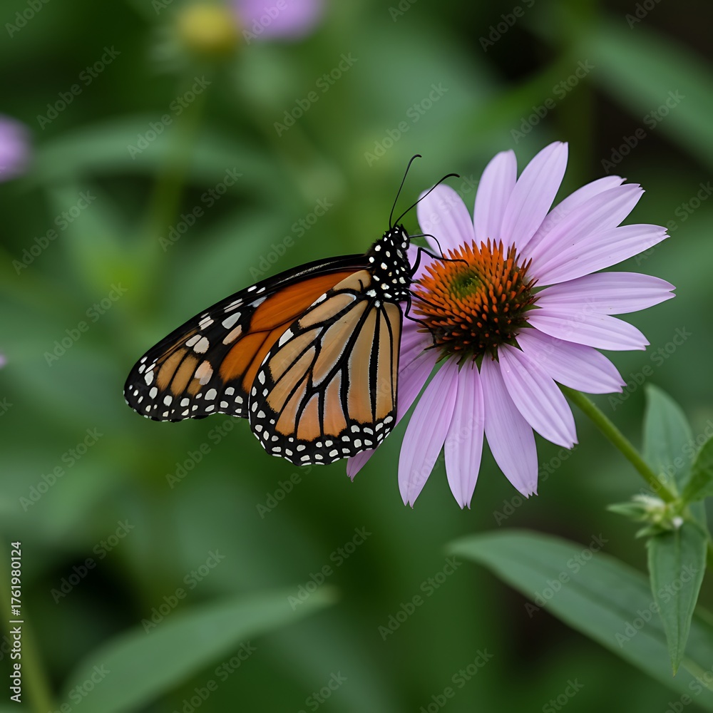 Naklejka premium Monarch Butterfly Perched on a Vibrant Purple Coneflower in a Lush Garden.