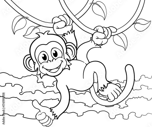 A monkey cartoon character singing on jungle vines and giving a thumbs up