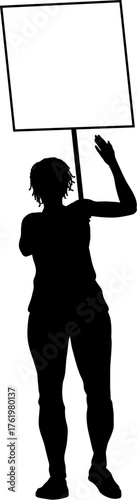 Protestor or demonstrator at a demonstration march, picket line or strike protest rally in silhouette. Holding up a banner or picket sign board placard.