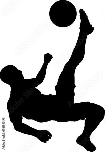 A football soccer player sports man in silhouette performing a scorpion kick.