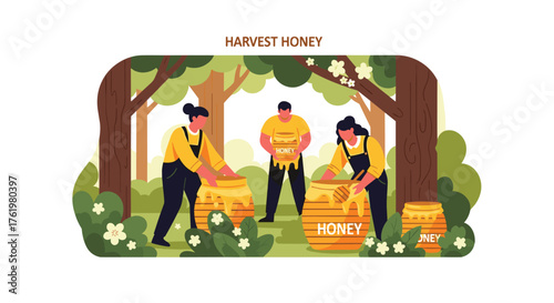 People Harvesting Sweet Honey From Wooden Barrels Surrounded by Trees and Flowers