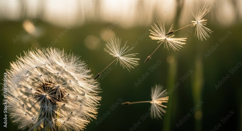 Fototapeta premium Delicate Dandelion Seeds Floating in Golden Light