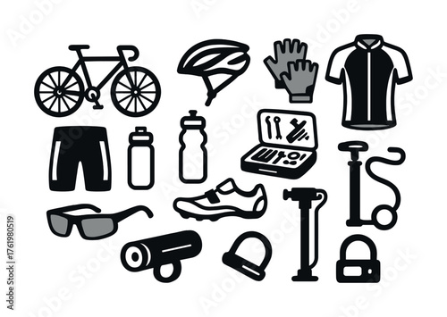 Essential cycling gear kit including helmet, gloves, jersey, and tools