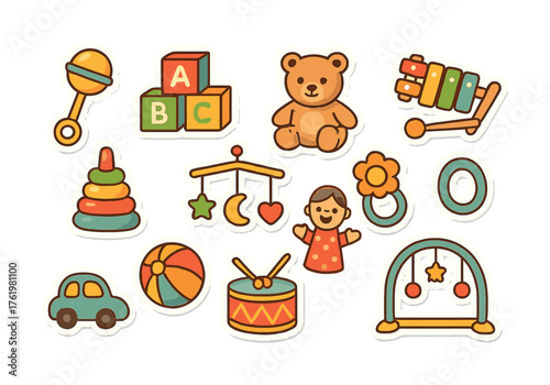 Colorful toy collection for children featuring blocks, teddy bear, and musical instruments