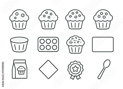 Baking icons: cupcake, muffin, tray, utensils and ingredients line art set