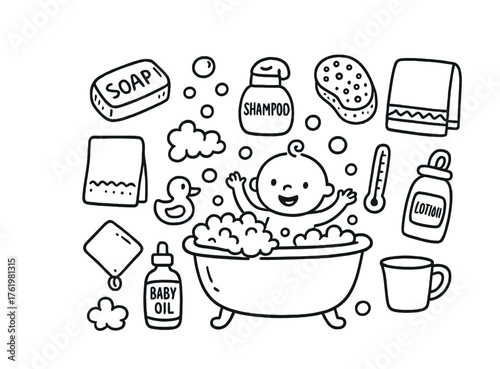 Cute baby bath time with soap, shampoo, and toys in a bathtub