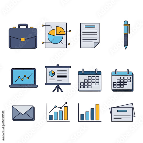 Business and Finance Vector Icons Collection, Data Presentation and Statistics Graphics