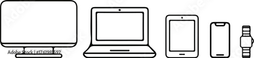Modern Digital Devices Line Icons Set — Computer, Laptop, Tablet, Smartphone, and Smartwatch Outline Vector Illustration