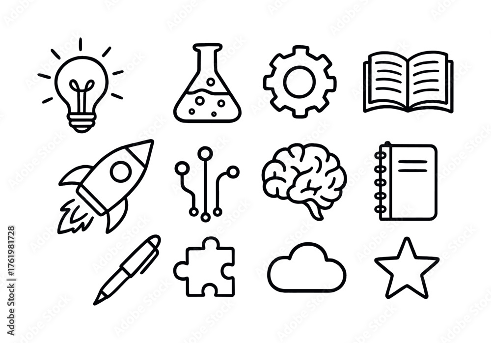 Obraz premium Set of science and knowledge icons featuring bulb, flask, gear, book, and more