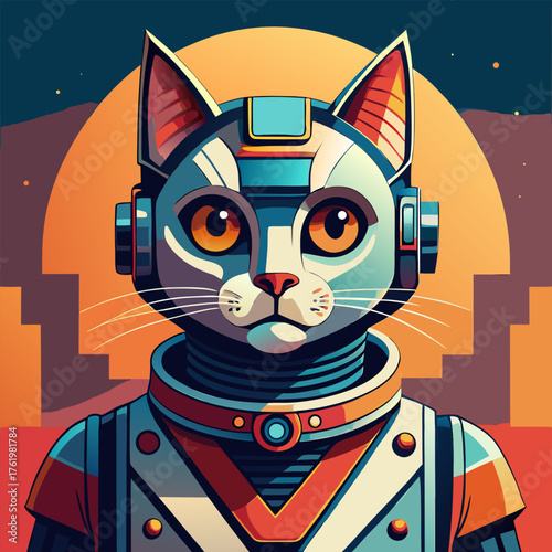 Кот из метала, роботизированный кот, векторная иллюстрация. Генеративный ИИ.