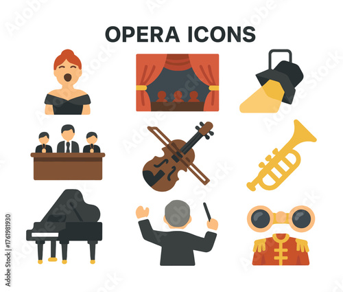 Set of opera icons featuring instruments and performers in vector style